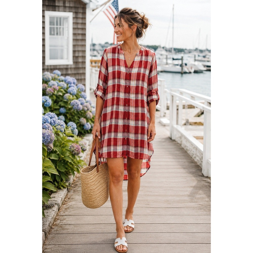 Anthropologie Akemi + Kin Plaid Tunic Shirt Dress XS Red High Low Button Front